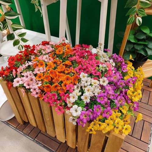 28 Bundles Artificial Plants & Flowers Silk Fake Flowers UV Resistant Bushes Plastic Artificial Flowers Faux Outdoor Indoor Plants for Spring Summer Patio Decorations(7 Colors)