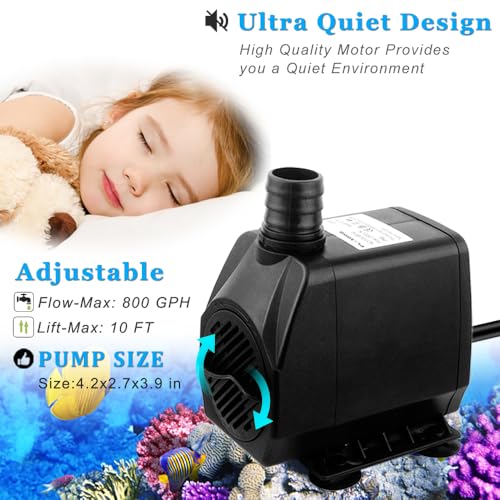 PULACO Large Flow: 800GPH（3000L/H）Submersible Pump with 6.5 ft Tubing, 45Watt Durable Fountain Water Pump With 4 Nozzles For Above 80 gallons Fish Tank or Pond - size: 800 GPH