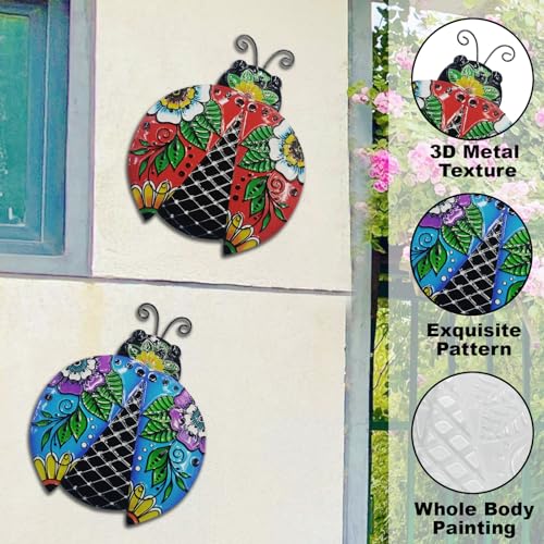 John's Studio 2Pcs Metal Ladybug Wall Decor Outdoor Garden Hanging Art Sculptures Home Ocean Theme Decorations for Kitchen Bathroom and Pool - color: Ladybug 2pcs