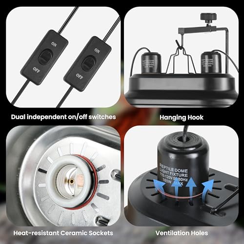 Simple Deluxe Dual Reptile Light Fixture 160W, Reflector Dome Heat/UVB Lamp Cap, for Small Animal Terrarium and Tortoise Habitat - size: Dual Dome Light 160W