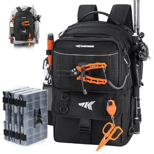 KastKing BaitSpace Fishing Tackle Backpack with Removable Bait Binder,2 Rod Holders Storage Fishing Gear and Equipment - color: A: Black (With (4) 3600 Tackle Boxes)
