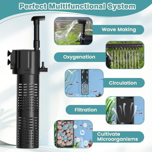 hygger Internal Aquarium Filter, 5-in-1 Submersible Power Fish Tank Filter, Adjustable Wave Maker & Air Bubbler, Quiet Turtle Tank Filter for 15-30 Gallon Freshwater Saltwater, 210GPH, 10W - size: 10W for 15-30 Gallons (55-110L) Tank