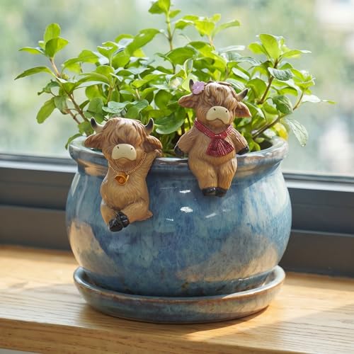 2PCS Highland Cow Statue Highland Cow Figurine Plant Pot Hanger Hugger, Resin Highland Cow Ornament Garden Decor for Yard Lawn, for Plant Parents (2 Unique Styles) - style: Cow2