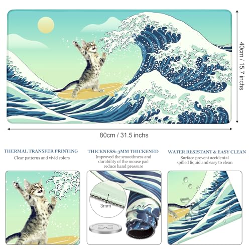 Funny Cat Desk Mat, Desk Matt for Desktop, Surfer Cat DeskPad Mat, XXL Large Mouse Pad for Desks, Anti-Slip Big Mousepad with Stitched Edges, Keyboard Mats for Computer, Work, Office, Game, Home - color: Funny Surfer Cat Battle Great Waves, size: 31.5" x
