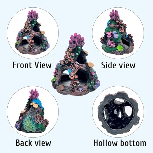 PINVNBY Coral Aquarium Decorations (Size: 6.3 x 4.7 x 4.7 inches) Small Fish Tank Decorations Hideout Resin Rock Mountain Cave Ornaments Betta Hideout House for Beta Sleep Rest Hide Play Breed - size: Large