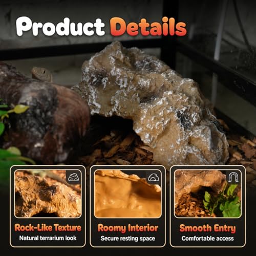 Reptile Hide Rock Cave, Medium Resin Corner Hideout for Growing Leopard Geckos, Juvenile Snakes, Small to Medium-Sized Lizards & Terrestrial Invertebrates, Natural Terrarium Tank Decor