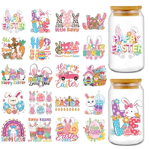 Rngmsi Easter UV DTF Cup Wrap - 20 Sheets Easter Egg UV DTF Wraps for 16 oz Glass Cups, Bunny Gnome UVDTF Decals for Coffee Mugs, Waterproof Rub on Transfer Stickers, DIY Crafts - style: Happy Easter