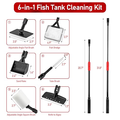 6-in-1 Aquarium Cleaning Tool Aquarium Algae Scraper for Fish Tank Including Fish Brush Sand Rake Pad Sponge Telescopic Handle Multi-Usage Aquariums Glass Cleaner Set for Slatwater Freshwater