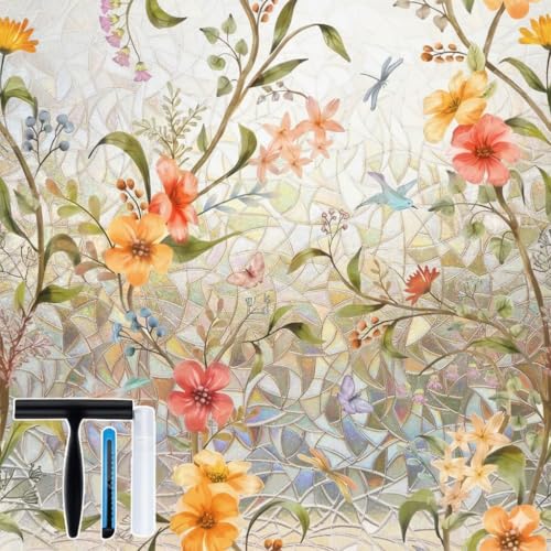 Volcanics Stained Glass Window Film with Installation Tools, Rainbow Window Privacy Film, Decorative Window Clings for Glass Windows, Static Cling Sun Blocking Floral Decals, 17.5 x 78.7 Inch - color: Flower Rainbow, size: 17.5" X 78.7"