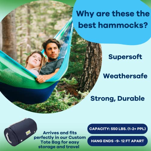 Handwoven Hammock by Yellow Leaf Hammocks - Family Size, Fits 2+ PPL, 550lb max - Weathersafe, Super Strong, Easy to Hang, Ultra Soft, Artisan Made - Color: Blue - Green - color: Lanta- Blue and Green, size: Fits 1-2+ People (550 lb. Capacity)