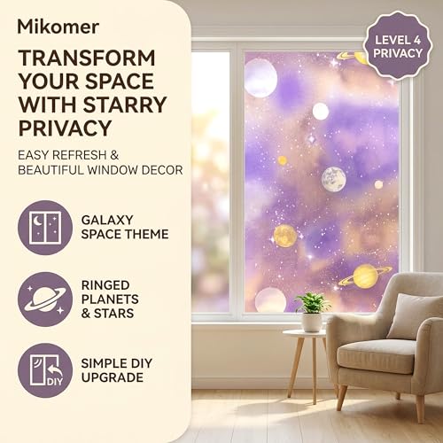 Purple Window Privacy Film Stained Glass Sliding Door Cling Decorative Galaxy Planet Static Tint UV Blocking Non-Adhesive Covering Stickers Cover Decal for Kids Bedroom,17.5x78.7in. - color: Galaxy Purple, size: 17.5''x78.7''