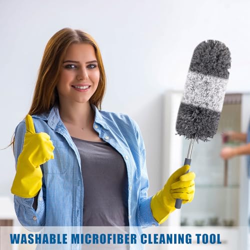 Tanlade 12 Pcs Microfiber Feather Duster for Cleaning 13-31 Inch Extendable Cobweb Dusters Ceiling Fan Duster Washable Bendable Tool for Office Car Window Furniture (Gray White) - color: Gray White