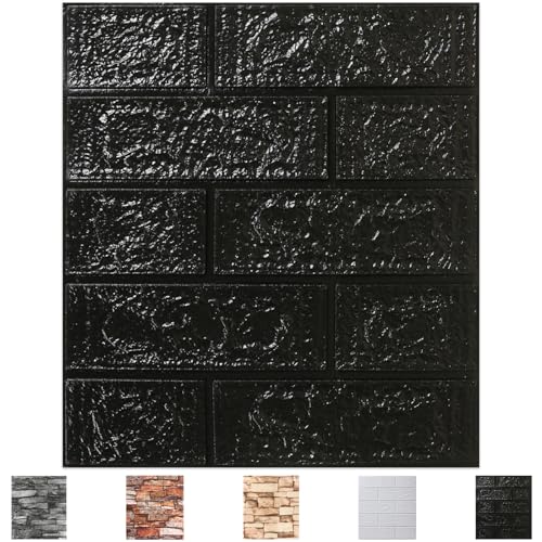 10 Pack 3D Wall Panels Peel and Stick, Waterproof Foam Stone 3D Wallpaper, Self Adhesive Foam Wallpaper for Bedroom Bathroom Kitchen (13.7 * 15.1in) - color: Black, size: 10 Pack
