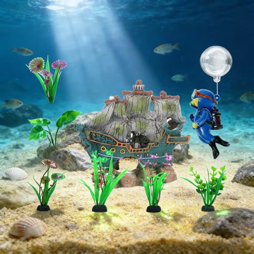 Aquarium Decor Kit, Fish Tank Accessories - Resin Broken Sailboat | Betta Fish Hideout Cave, 6 Artificial Aquatic Plants, 40+ Seashells, 1 Floating Diver, Small Tank Landscaping - color: Broken Sailboat