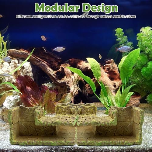 Aquarium Hideaway Cave Underground Tunnel Hideout Wood-Like Fish Tank Cave for Corners View Fish in Aquarium Decoration with 2PCS Plastic Aquatic Plants for Betta Shrimp Guppy Hide