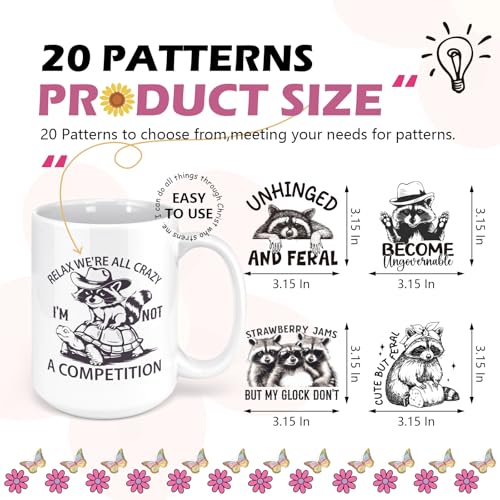 Cute Raccoon UV DTF Stickers - 20 Sheets Unhinged and Feral Funny UV DTF Cup Wraps for 16 20 oz Glass Coffee Mug, Trouble Ain't Raccoon Transfer Sticker Decals DIY Water Bottle Journal Decoration - style: Raccoon