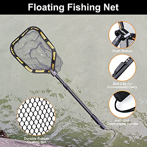 PLUSINNO Floating Fishing Net for Steelhead, Salmon, Fly, Kayak, Catfish, Bass, Trout Fishing, Rubber Coated Foldable Landing Net with Fixed or Telescoping Pole Handle, Fishing Gear and Gifts for Men - color: 19.7"/50cm Hoop Size length 1.35M Orange (Tele