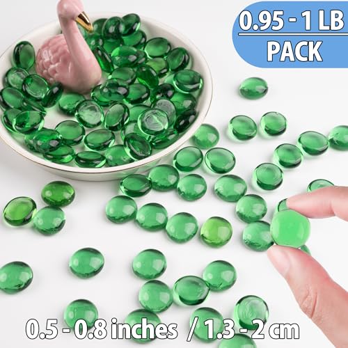 Green Glass Marbles, 0.97 LB Transparent and Smooth Flat Glass Beads for Vases, Mosaic Gem Pebbles for Aquarium Decor, Floral Arrangements, Mancala Stones, Vase Filler and Crafts (Approx. 80-100 PCS) - color: Green