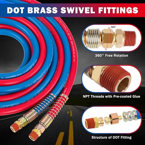 CheeMuii 12 FT Semi Truck Air Line Hose Assembly Rubber Air Brake Hoses With Flexible Grips & DOT Fittings for Truck Trailer Tractor - (Red & Blue Color-Coded) - size: 12 FT Assembly