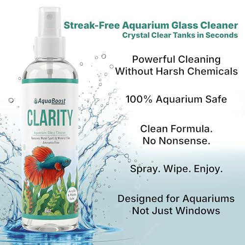 Aquarium Glass Cleaner - Streak-Free, Removes Water Spots & Mineral Deposits, Ammonia-Free, Safe for Acrylic & Plastic, 8oz Spray Bottle with Microfiber Cloth