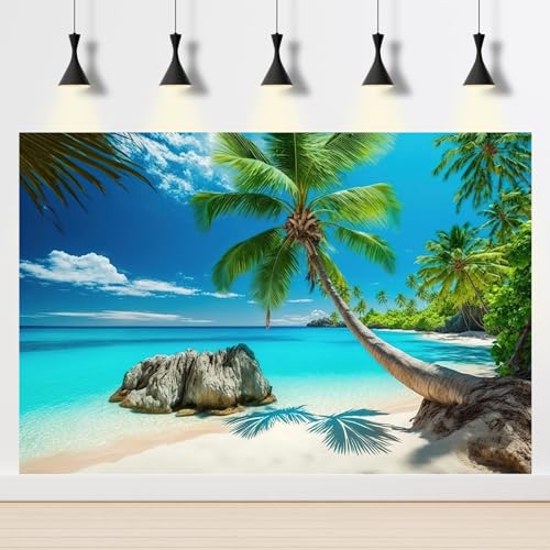 Ocean Beach Aquarium Background Tropical Beach Seascape Coconut Trees Terrarium Backgrounds Sunny Seabeach Coastal Landscape Fish Tank Background Blue Ocean Sandbeach Reptile Tank Backgrounds 30x12in - color: Dark Aqua, size: 30(W)x12(H)inches/ 75(W)*30cm