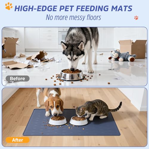 Large Dog Mats for Food and Water, 40"x30" Waterproof Pet Food Mats for Floor Nonslip Silicone Bowl Mats with Raised Edges - color: Blue, size: 40"L x 30"W