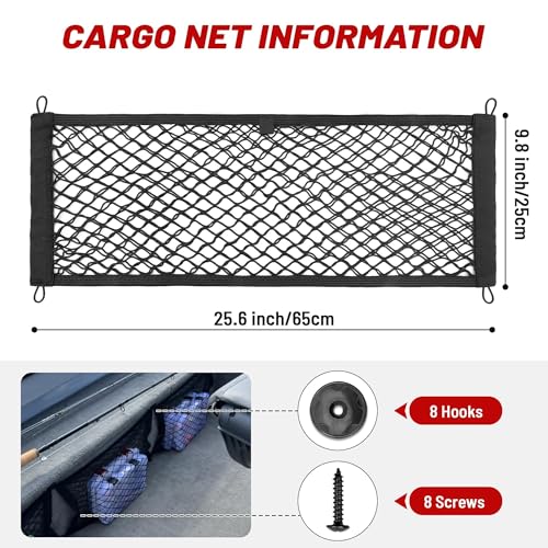 RED WOLF 2 Pcs Universal Cargo Net Pocket Elastic Mesh Netting Car Mesh Pouch for Trunk RV Boats Home Cargo Storage Mesh with Screws and Hooks (25.6'' x 9.8'') - size: 25.6'' x 9.8''