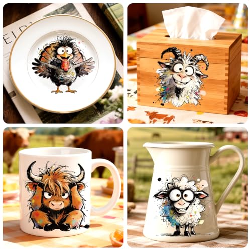 Peacoblue 18 Sheets Rub on Transfers for Crafts, Funny Farm Animals 3.6"x3.9" UV DTF Cup Wraps Waterproof Cold Transfers Stickers for Wood Glass Metal Cup Tumblers Mirrors Mugs Home Decor - style: Funny Farm Animals