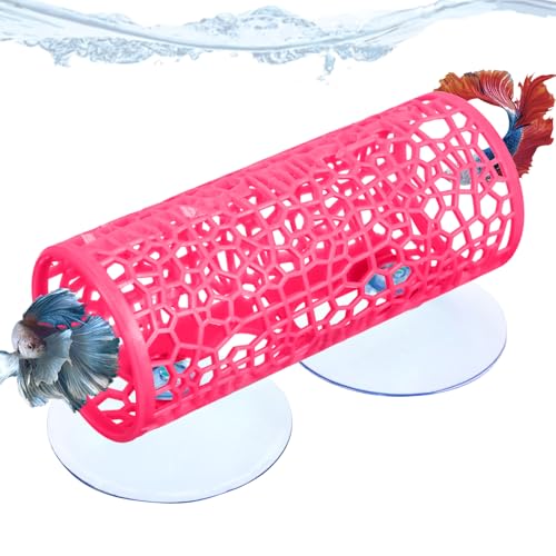 Betta Fish Tank Accessories, Betta Tunnel Toys- Hammock with Suction Cups, Fish Tank Decorations & Hideout for Aquarium Small Fishes & Shrimp, Small Hole Hollow Cave (Rose red) - color: Rose red