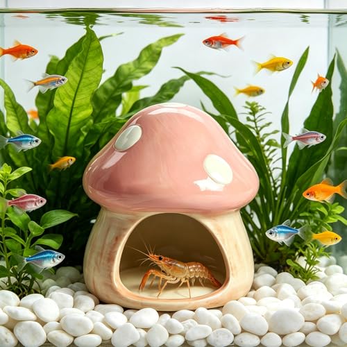 AnRui Ceramic Betta Fish Tank Accessories Decor Cute Mushroom House Aquarium Decoration Hideout Cave Ornament for Small Fish, Shrimp, Goldfish and Reptiles (Pink) - color: Pink