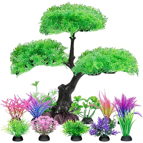 Ameliade Aquarium Artificial Plastic Plants Decoration, Aquarium Tree Decor Set, Goldfish Betta Fish Tank Decorations Hides Accessories (Green) - color: Green