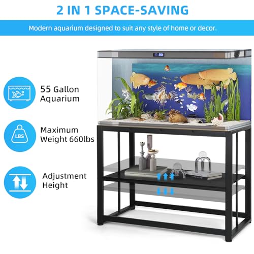 VOWNER 55-75 Gallon Fish Tank Stand - Metal Aquarium Stand, 48.4" x 14.9" x 29.5" Heavy Duty Reptile Tank Stand, Adjustable 2-Tier Fish Tank Rack Shelf for Home Office, Tank not Included, Black