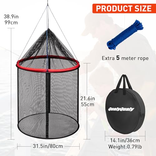 QualyQualy Floating Fish Basket 41/73 Gallons Extra Large for Live Caught, Fully Foldable Fishing Net Holder for Bait Live Well Collapsible Mesh Fishing Holder Cage - color: Red, size: 31.5*31.5*21.6IN (73 GAL)
