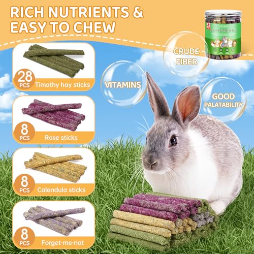 52Pcs Rabbit Chew Sticks, Guinea Pig Toys, Natural Timothy Grass Molar Teeth Stick, Mixing Flowers, Roses, Calendula and Forget Me Not, Small Animals Treats - size: 52Pack-Sticks