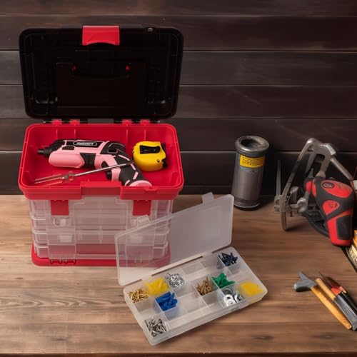 Portable Tool Box - Small Parts Organizer with Drawers and Customizable Compartments for Hardware, Fishing Tackle, Beads, or Crafts by Stalwart (Red)