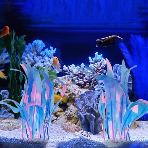 Kaiyuan Dynasty 2pc Silicone Aquarium Plants Artificial Plants for Fish Tank Glowing Kelp Aquarium Plant Decor Fish Tank Plants Simulation Artificial Water Grass,7inch,Blue - color: Blue