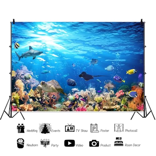 Under The Sea Backdrop 10x8ft Ocean Party Decorations Under The Sea Baby Shower Background Sea Aquarium Birthday Party Studio Props - color: Aqua Blue, size: 10x8ft (300x240cm)