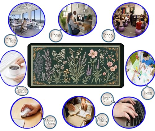 Deep Green Retro Desk Pad, Plant Flower Mouse Pad XXL, Large Gaming Mouse Mat, Laptop Pad, Desktop Protective Pad, Computer Mats with Stitched Edges, Women Office Desk Accessory 31.5"X15.7" - color: Green Lavender