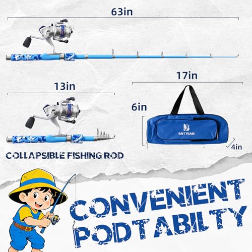 Portable Fishing Spinning Rod and Reel Combo Set with Telescopic Fishing Pole Fishing Carrier Bag Lures Line for Travel Saltwater Freshwater - color: Blue, size: 1.7M/66.9inch/5.57ft