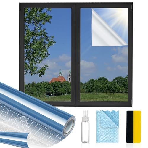MAGIDEKOR Window Privacy Film One Way, Reflective Mirror Window Film Daytime Privacy, UV Sun Blocking Heat Control, Static Cling Window Tint for Home Office - 17.5 Inch X 6.5 Feet - color: One Way - Blue, size: 17.5 Inch X 6.5 Feet