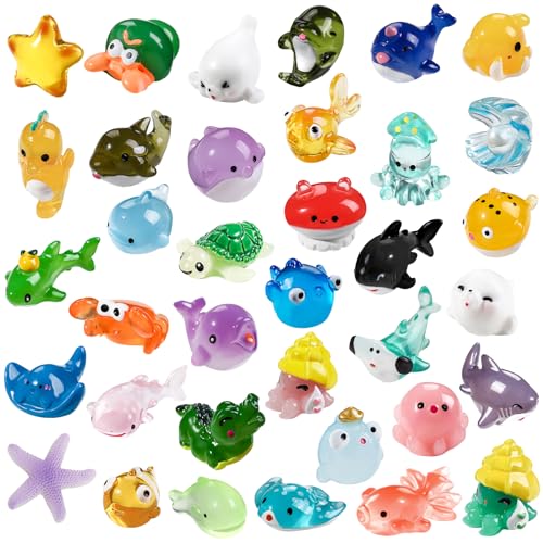 DIYDEC 36pcs Mini Ocean Resin Animals Tiny Sea Animals Figurines Marine Miniature Plastic Animals Aquarium Ornaments Decorations for DIY Fish Tank Potted Micro Fairy Garden Dollhouse