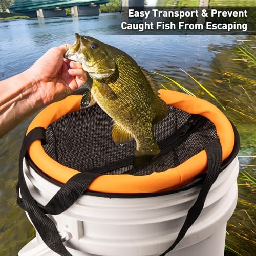 Floating Fish Basket for 5 Gallons Buckets, Foldable Fishing Basket Bait Net for Live Caught, Rubber Coated Mesh Fish Holder for Kayak Fishing Live Well Baitfish Minnow Bucket