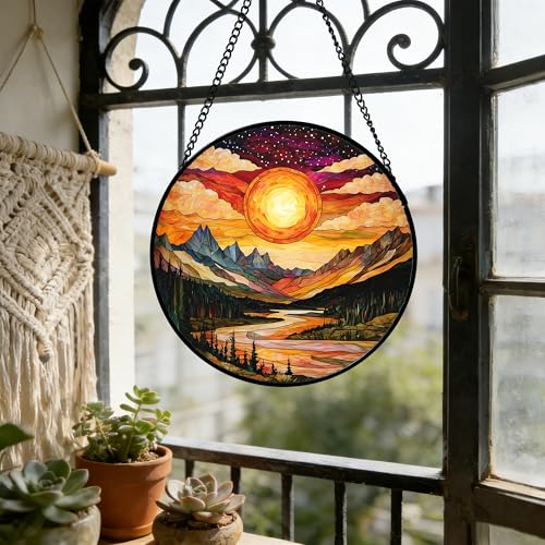 DASTOLL Stained Glass Window Hanging, Dusk Sunset Landscape Sun Catchers Glass Panel Lakes and Mountains Suncatcher Decor for Birthday for Women, Men, Wife, Aunt, and Mom 9.8 in - color: Golden Red, size: 9.8x9.8 IN