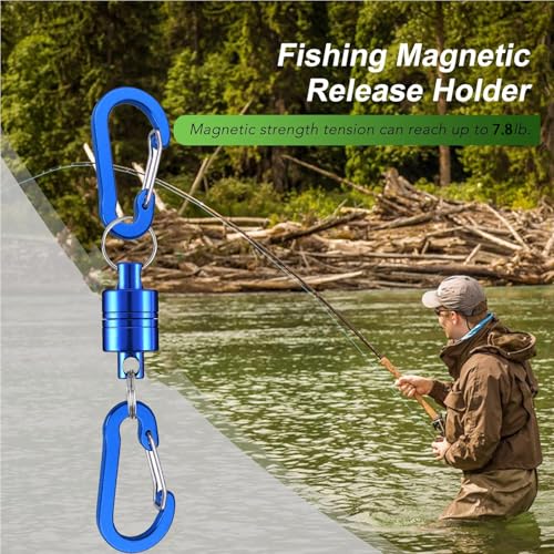 Magnetic Net Release Fly Fishing Net Retractor Magnetic Keychain, for Fly Fishing with Retractable Coiled Lanyard Carabiner - color: Blue Aluminum
