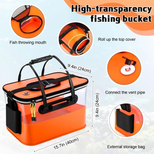 3 Pcs Fishing Bucket, Live Bait Aerator and Fishing Cast Net with Heavy Duty Sinker Foldable Live Bait Bucket Portable Quiet Aerator Fish Transport Container Outdoor EVA Bag - color: Orange