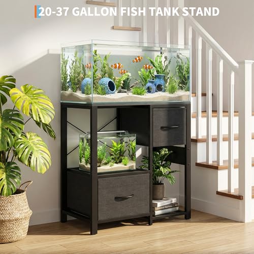 20-37 Gallon Aquarium Stand with Power Outlets & 2 Storage Drawers, Heavy Duty Metal Fish Tank Stand for Fish Tank Accessories, 3 Tier Tank Stand Fish Tank Shelf, 400lbs Capacity, Black