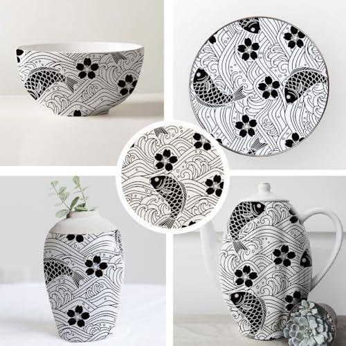 SUPERDANT 4PCS Fish Flowers Underglaze Paper Transfer Blossoms Transfer Paper for Clay Ceramic Porcelain Under Glaze Transfers for Pottery Enamel Decals Black Underglaze Decal Papers - style: Fish and Flower