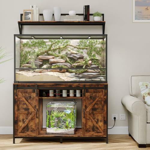 VOWNER Farmhouse Reptile Tank Stand with Power Outlet, 48" X 24" Tabletop Fits up 120 Gallon Bearded Dragon Tank, Heavy Duty Aquarium Stand with Storage Cabinet, Reptile Turtle Terrarium Stand Brown - color: Rustic Brown