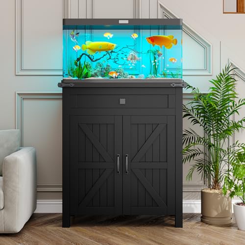 kepptory 20 Gallon Fish Tank Stand with Power Outlets, Farmhouse Decorative Aquarium Stand Furniture with Adjustable Shelves, 10-20 Gallon Reptile Turtle Tank Stand with Cabinet Storage (Black, 20GL) - color: Black, size: 27.6"L x 15.7"W x 31.5"H