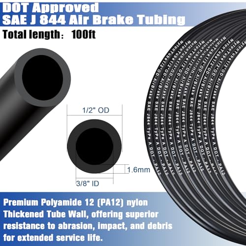 1/2" OD x 100FT DOT Air Line Black SAE J 844 PA12 Nylon Air Brake Tubing with Cutter and Teflon Tape, Pneumatic Nylon Air Line Hose for Semi Truck Trailer Air Brake System & Fluid Transfer - size: 100FT-1/2"OD